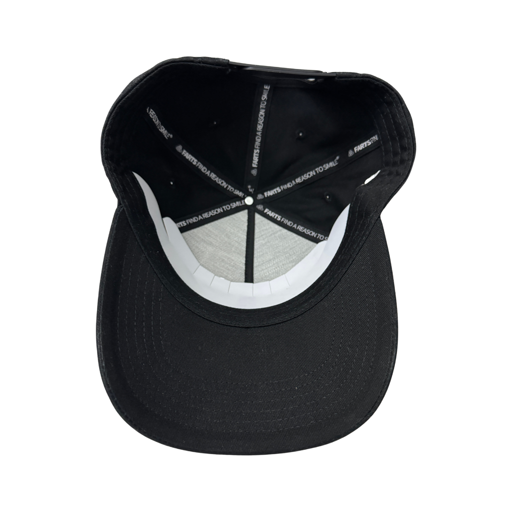 Inside view of FARTS SnapBack hat showing strap and logo-printed lining