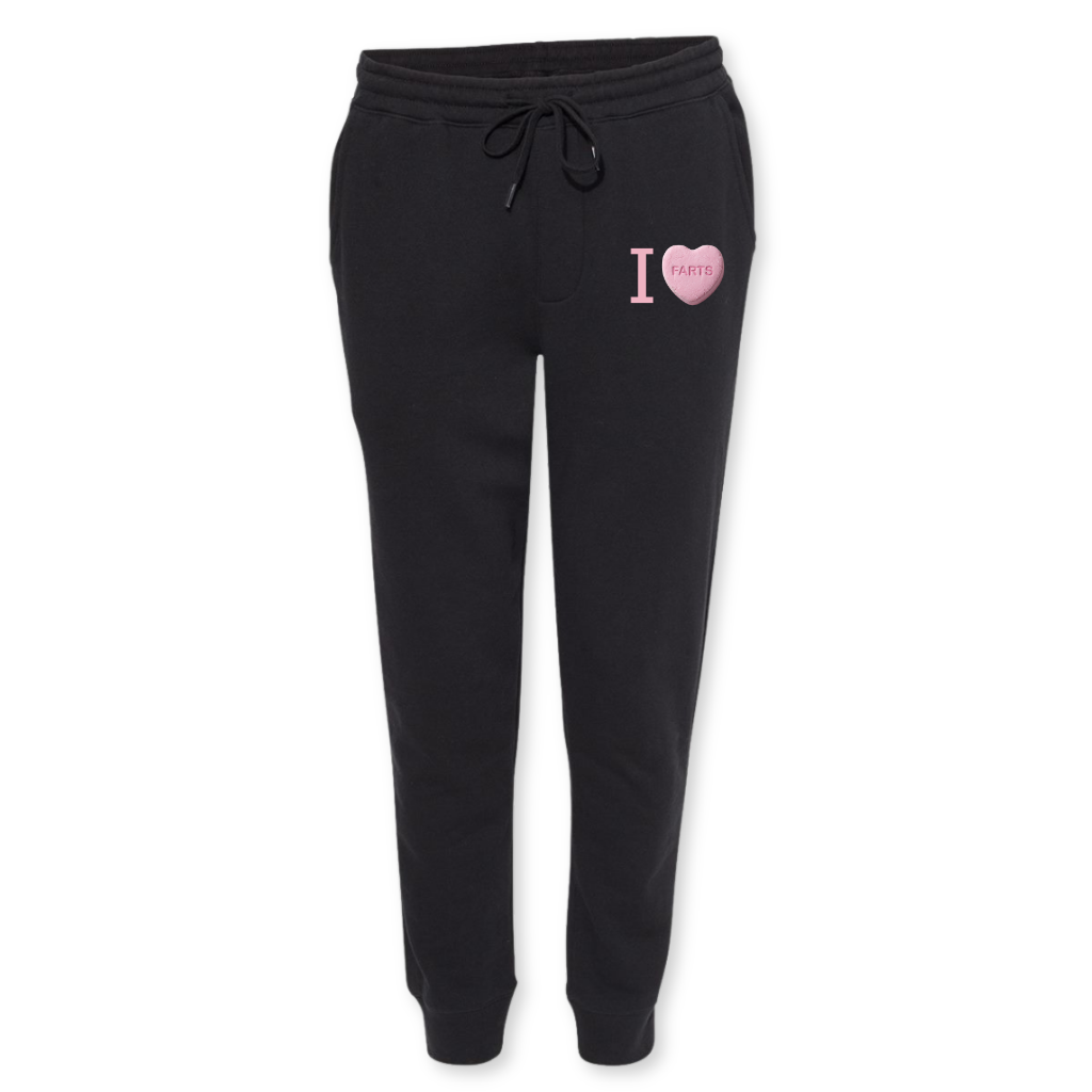 Black SweetFARTS joggers with I Heart FARTS detail – cozy mental health joggers designed to match the SweetFARTS hoodie