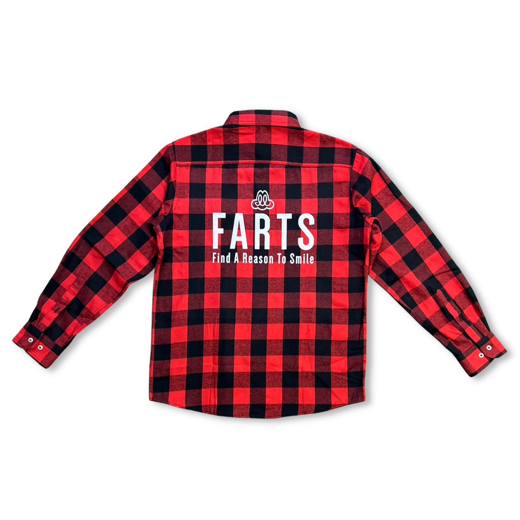 FARTS-flannel-front-red-black-FARTS-Find-A-Reason-To-Smile-Apparel-1024x1024-transparent-background-gratitude-lifestyle-brand-buffalo-plaid