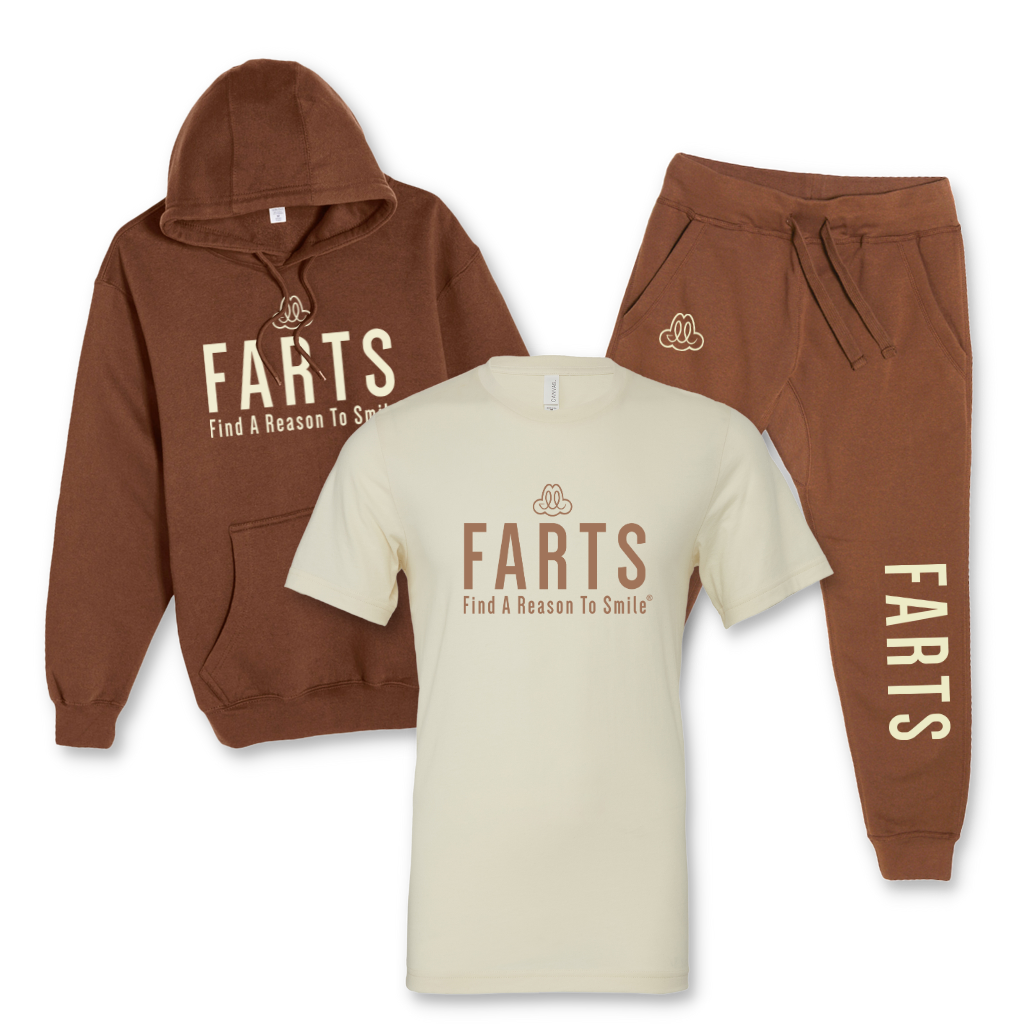 Brown hoodie and joggers with tan FARTS design paired with a natural tan tee featuring brown print — gratitude healing outfit