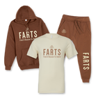 Brown hoodie and joggers with tan FARTS design paired with a natural tan tee featuring brown print — gratitude healing outfit