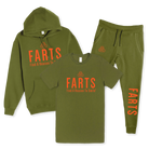Military green FARTS hoodie, joggers, and tee set with orange design — gratitude-based matching apparel
