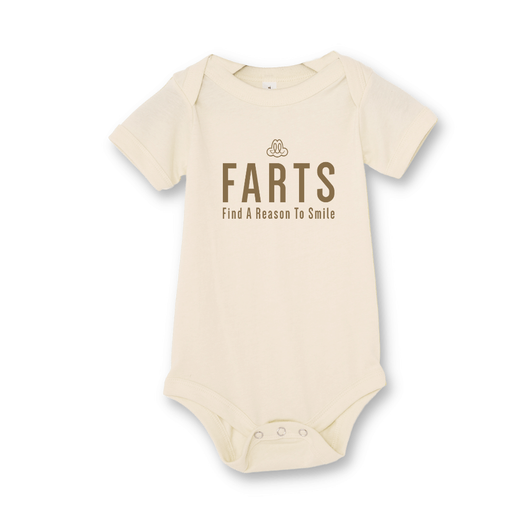 FARTS-Find-A-Reason-To-Smile-onesie-natural-tan-and-brown-front-happy-baby-clothes