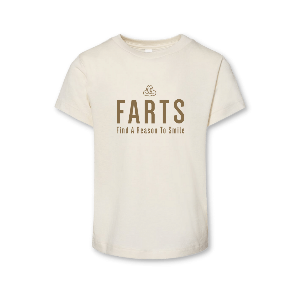FARTS-Find-A-Reason-To-Smile-toddler-t-shirt-natural-tan-and-brown-front-happy-tee-smiling-kidds