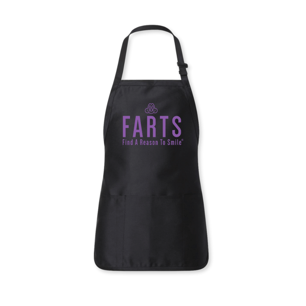 FARTS-apron-front-Find-A-Reason-To-Smile-black-and-purple-apron-that-makes-you-smile