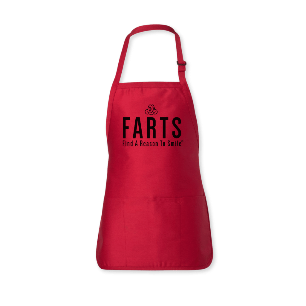 FARTS-apron-front-Find-A-Reason-To-Smile-red-and-black