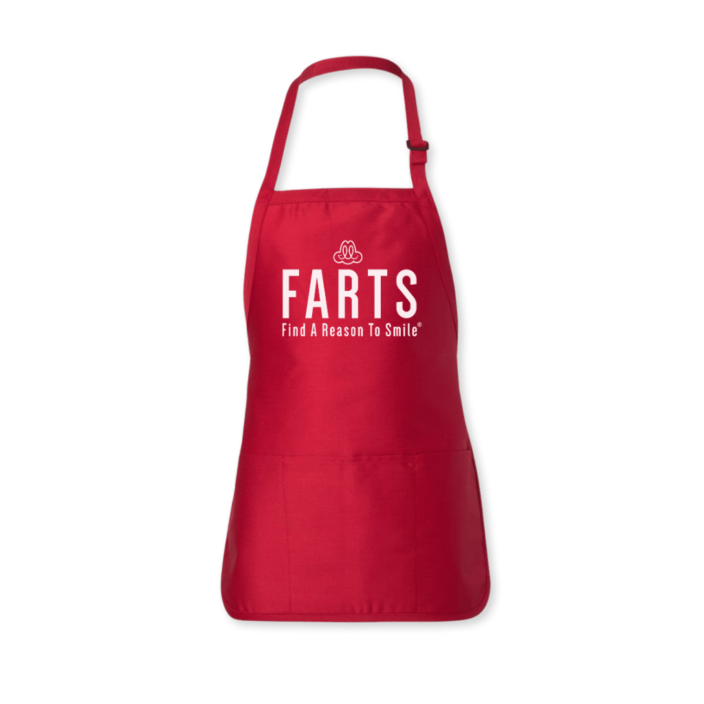 FARTS-apron-front-Find-A-Reason-To-Smile-red-and-white