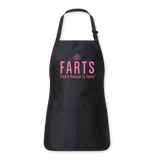 Black apron with pink FARTS message, joyful mental health-focused kitchen wear for mindfulness and fun loving times