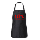 Black apron with vibrant red FARTS message, ideal for grilling, baking, or kitchen vibes with healing energy