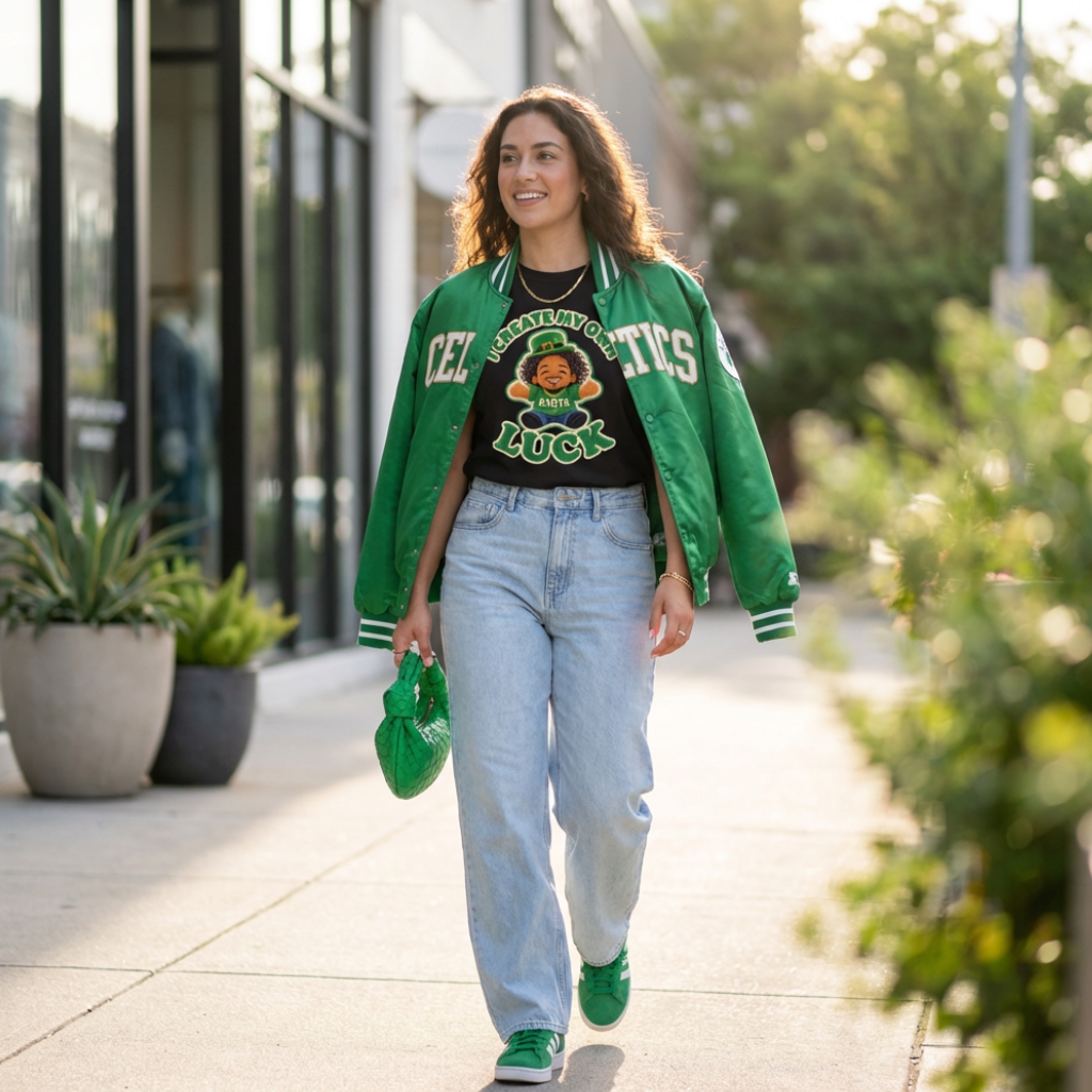 Woman wearing a green varsity jacket with a FARTS St. Patrick's day "I Create My Own Luck" t-shirt walking outdoors.