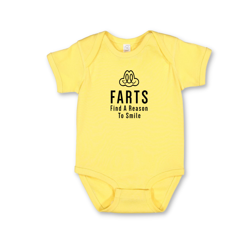 FARTS-onesie-yellow-and-black-FARTS-Find-A-Reason-To-Smile-the-key-to-happiness-is-expressing-gratitude