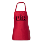 Bold red FARTS apron with black logo design, unisex fit and three front pockets for grilling or kitchen use