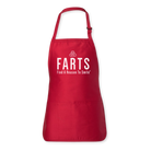 Red unisex FARTS apron with white front logo and deep pockets, perfect for cooking or creative crafters
