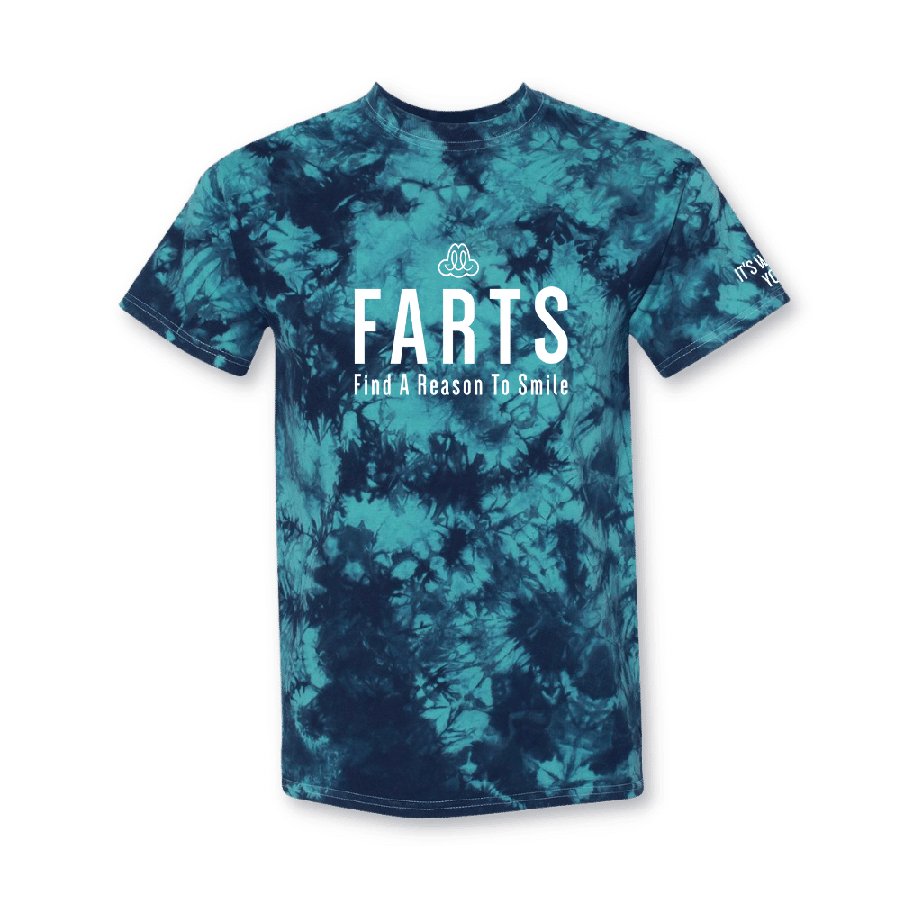 FARTS-sig-black-teal-tie-dyed-t-shirt-Find-A-Reason-To-Smile-front