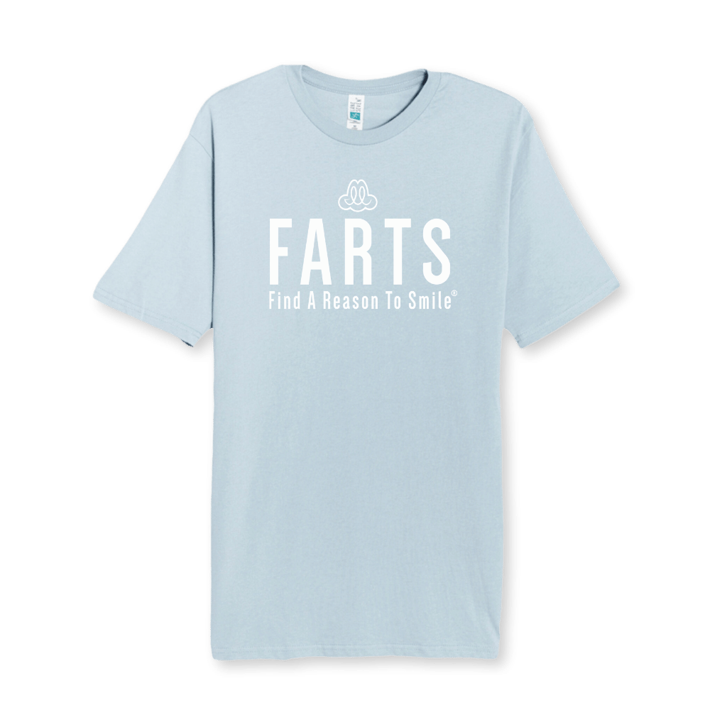 FARTS-t-shirt-Find-A-Reason-To-Smile-gratitude-motivational-graphic-tee-its-within-you-icy-blue-and-white-front