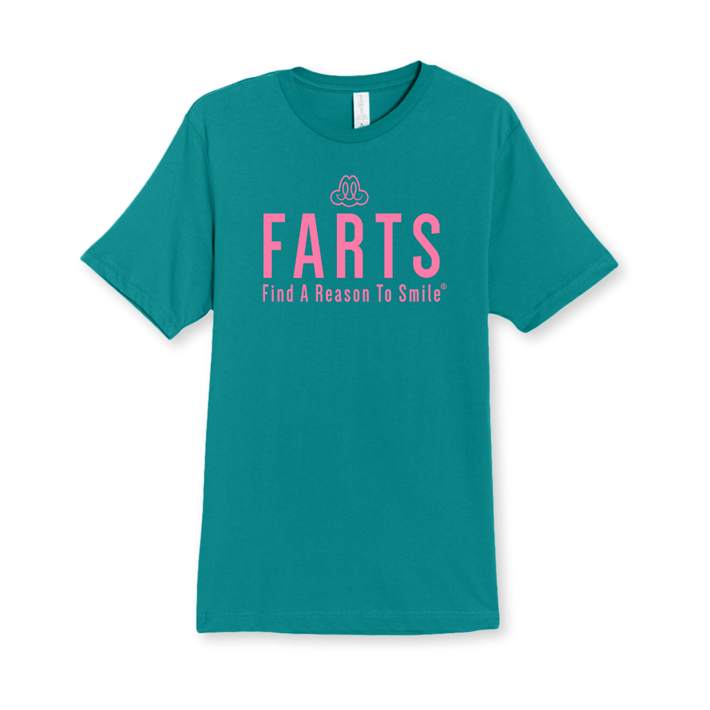 FARTS-t-shirt-Find-A-Reason-To-Smile-gratitude-motivational-graphic-tee-its-within-you-teal-pink-front