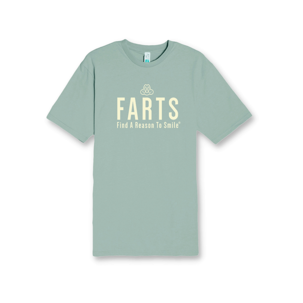 FARTS-t-shirt-Find-A-Reason-To-Smile-seafoam-and-beige-tan-front-gratitude-attitude-apparel-mental-health-awareness