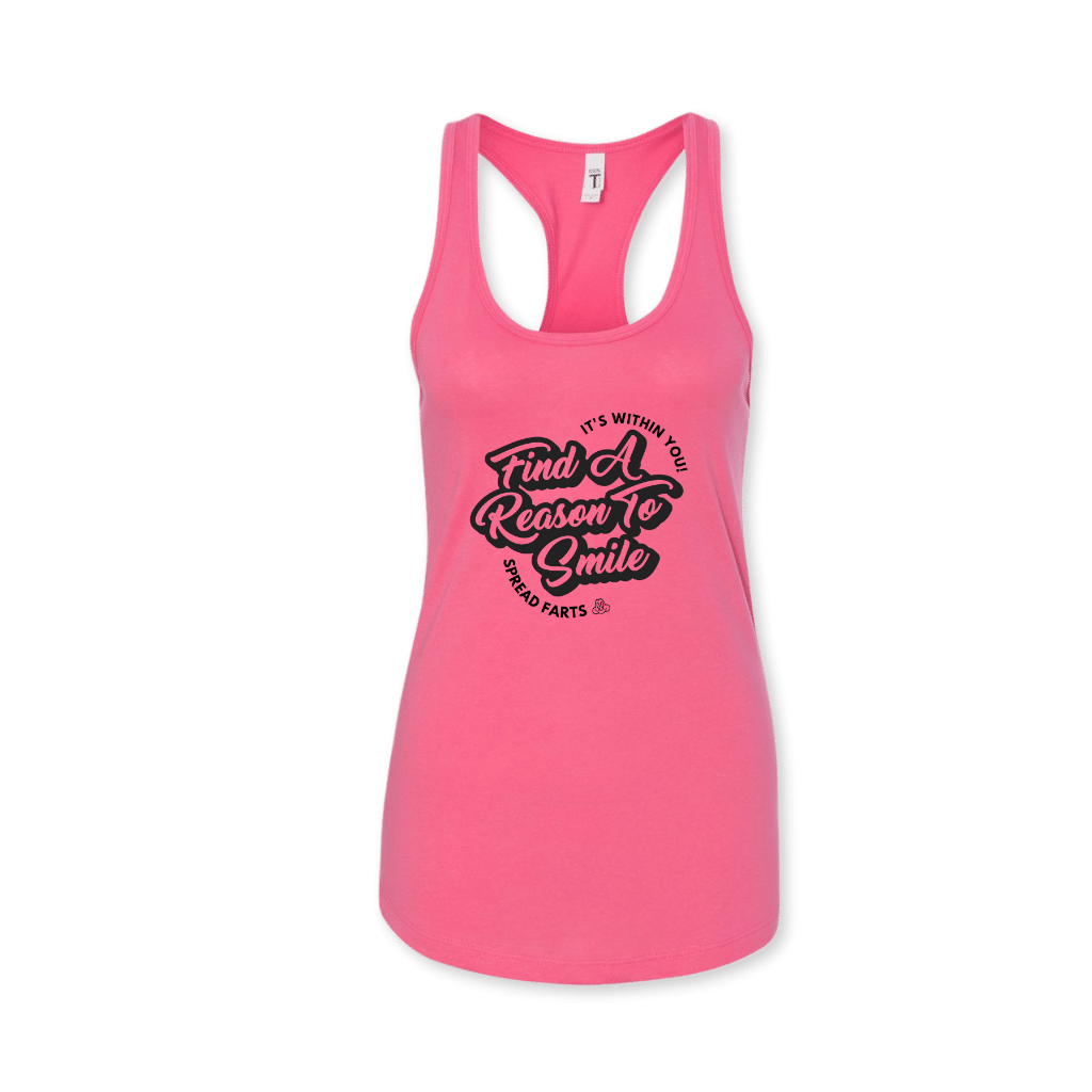 FARTS-tank-top-womens-racerback-new-Find-A-Reason-To-Smile-pink-and-black-front-gratitude-mental-health