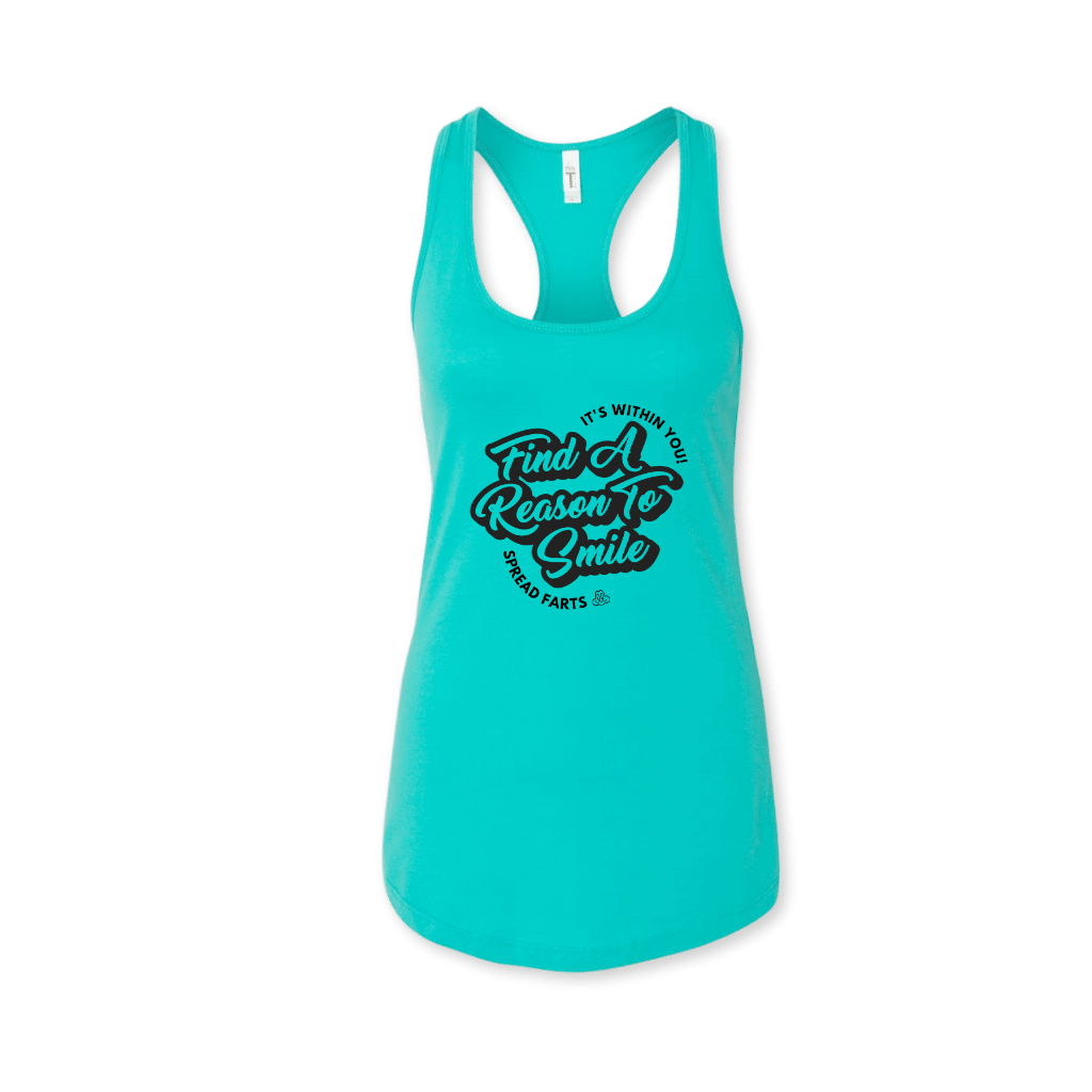 FARTS-tank-top-womens-racerback-new-Find-A-Reason-To-Smile-tahiti-blue-and-black-front-gratitude-mental-health