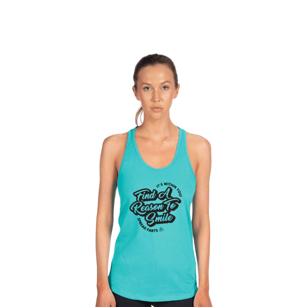 FARTS-tank-top-womens-racerback-new-Find-A-Reason-To-Smile-tahiti-blue-and-black-front-model-gratitude-mental-health