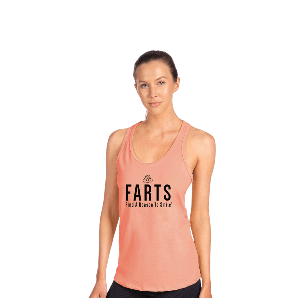 FARTS-tank-top-womens-racerback-person-front-orange-and-black-front-gratitude-attitude-apparel-mental-health-awareness