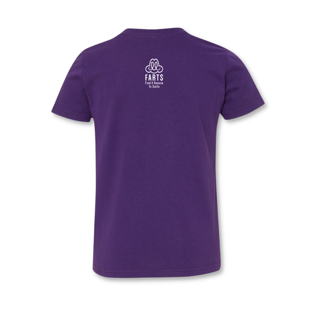 FARTS-youth-purple-white-t-shirt-back-Find-A-Reason-To-Smile-gratitude-brand