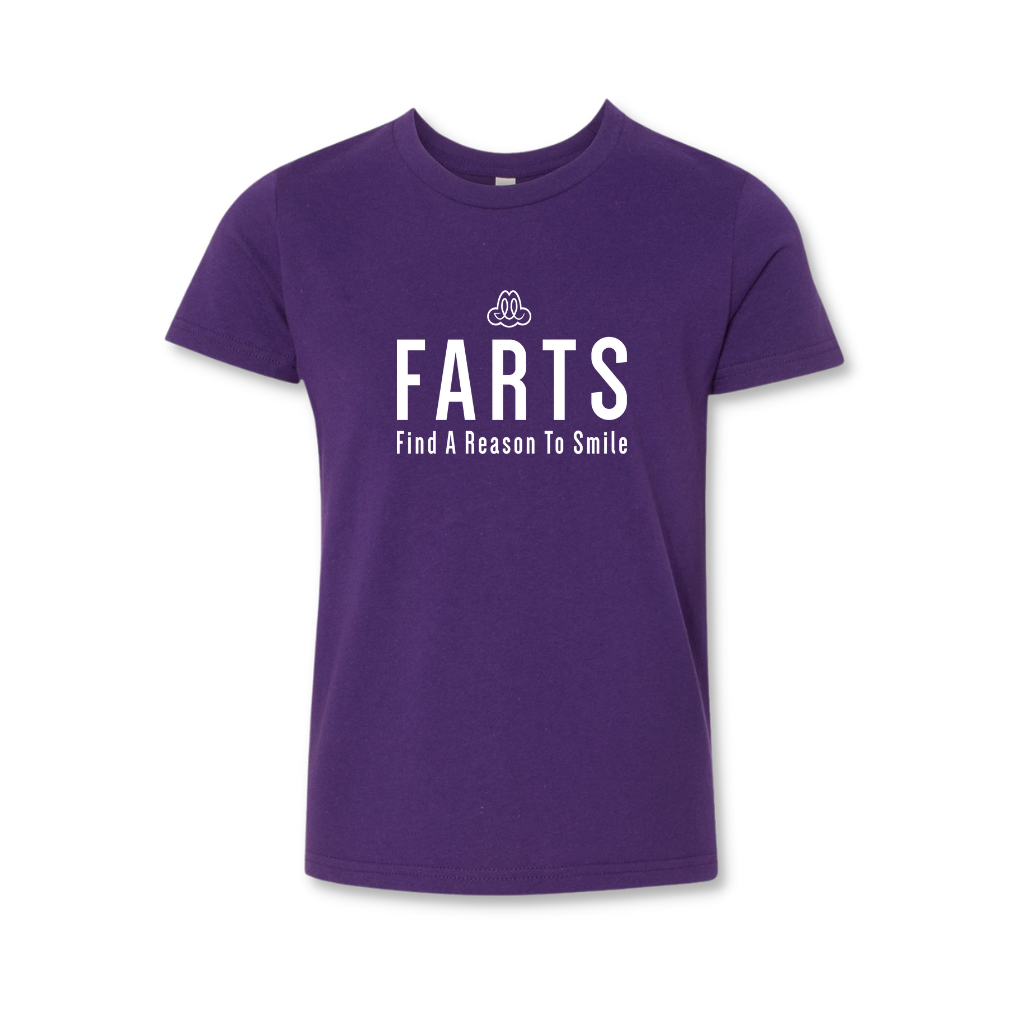 FARTS-youth-purple-white-t-shirt-front-Find-A-Reason-To-Smile-gratitude-brand