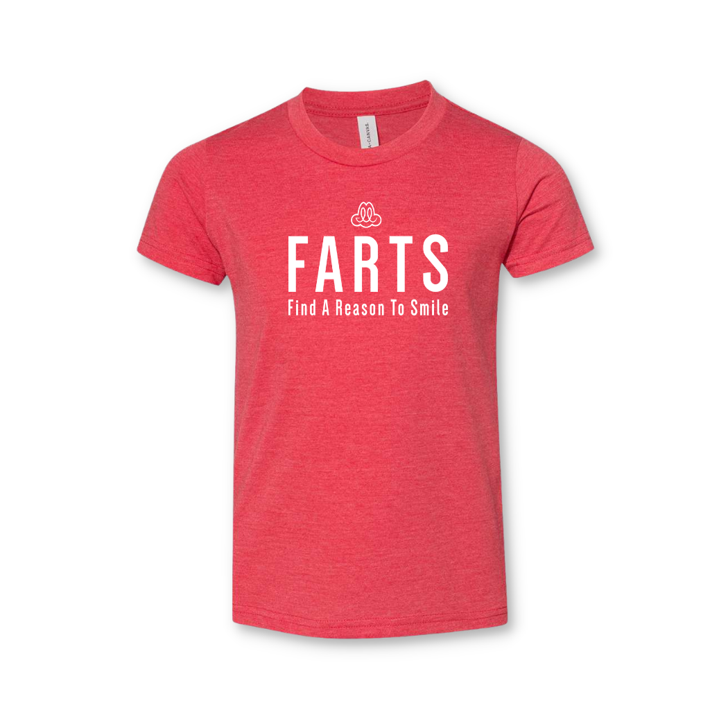 FARTS-youth-red-white-t-shirt-front-FARTS-Find-A-Reason-To-Smile-gratitude-lifestyle-brand