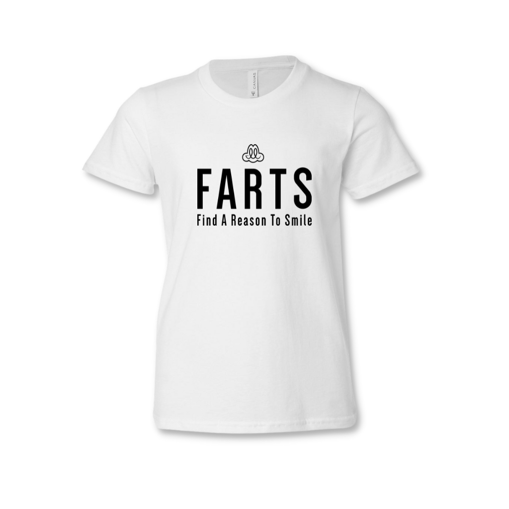 FARTS-youth-white-black-t-shirt-front-Find-A-Reason-To-Smile-gratitude-lifestyle-brand