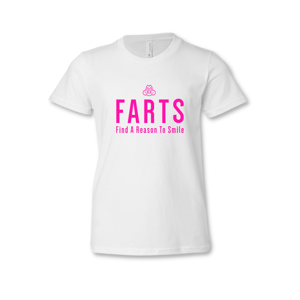 FARTS-youth-white-pink-t-shirt-front-Find-A-Reason-To-Smile-gratitude-lifestyle-brand