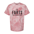 Pink and white tie-dye FARTS shirt with bold uplifting message and spiral design on flat surface