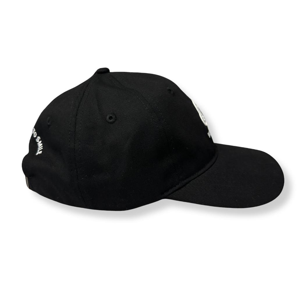 Side view of Dad Hat with Find A Reason To Smile cloud logo embroidery