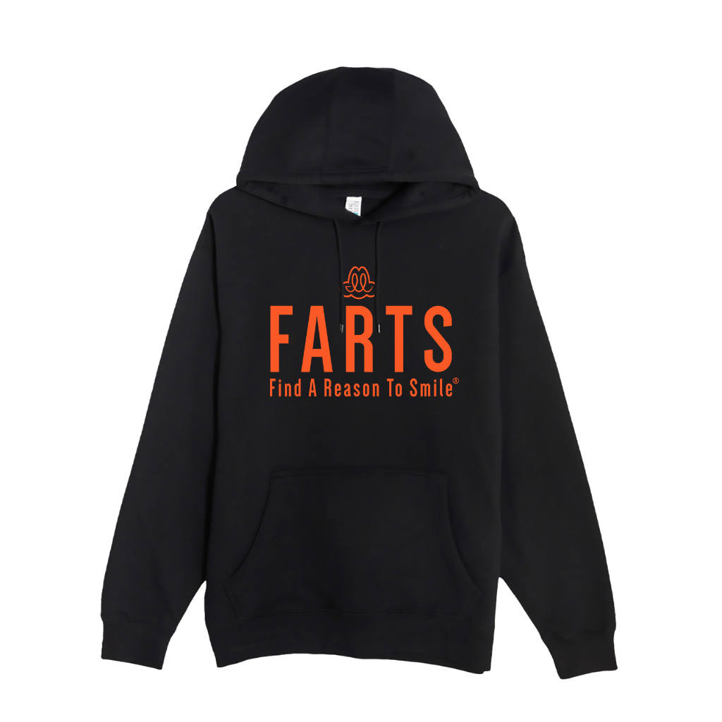 Black hoodie with bright orange FARTS unisex mental health streetwear for bold healing and gratitude