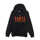 Black hoodie with bright orange FARTS unisex mental health streetwear for bold healing and gratitude