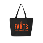 Black tote bag with bold orange FARTS design daily carryall for gratitude, healing, and mental wellness