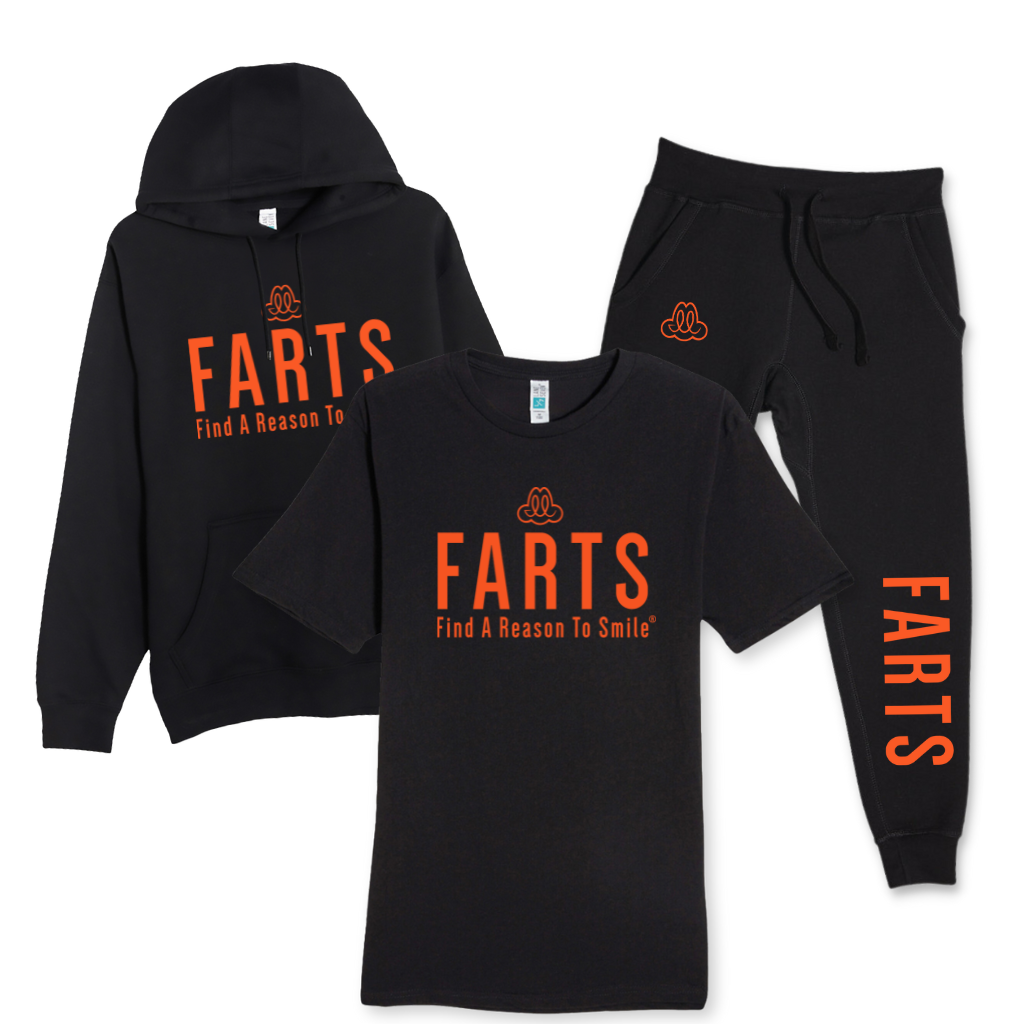 Black FARTS hoodie, joggers, and t-shirt set with orange design for mental health and gratitude style