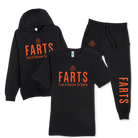 Black FARTS hoodie, joggers, and t-shirt set with orange design for mental health and gratitude style