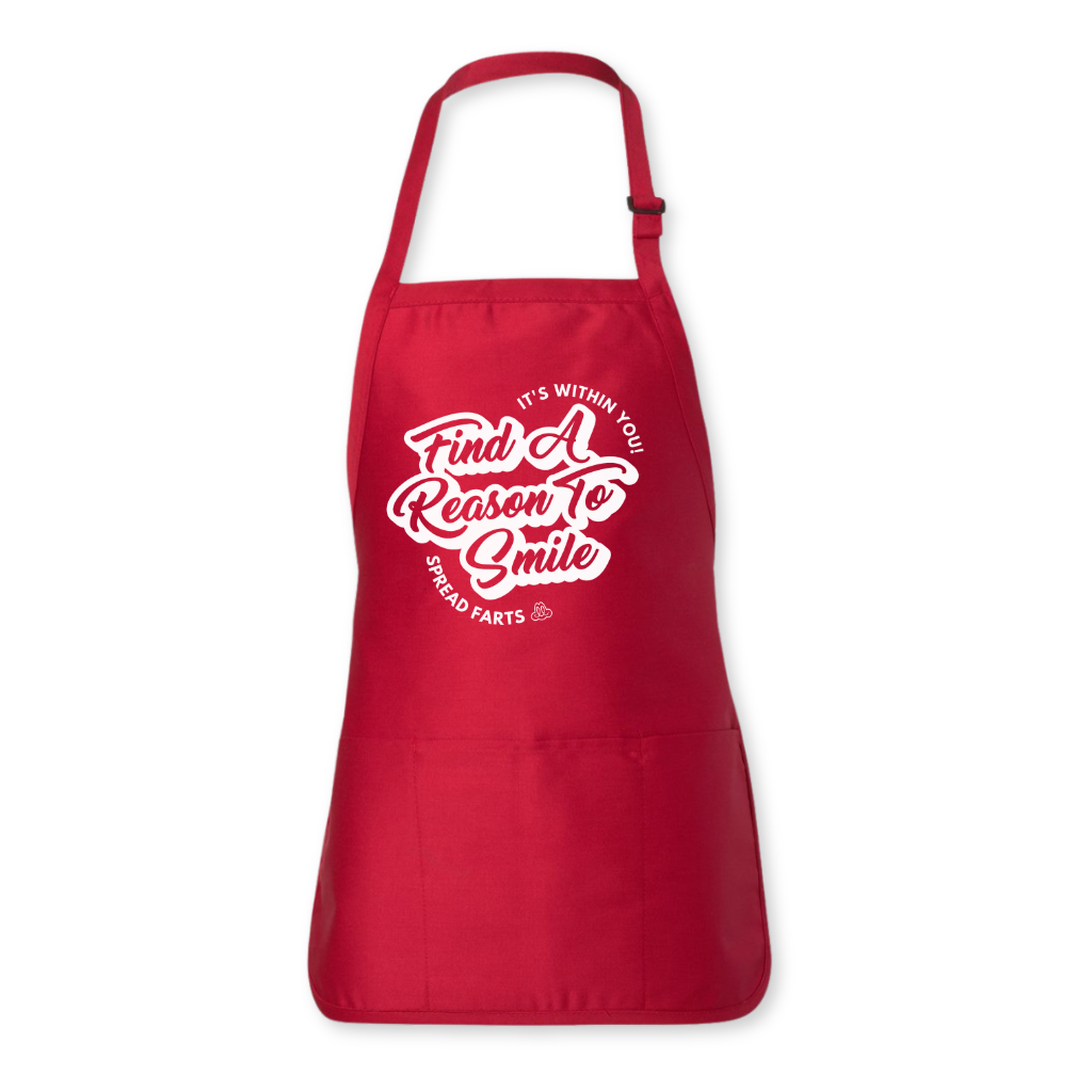Red FARTS apron with white scripted text, mental health and gratitude kitchen apron with artistic message