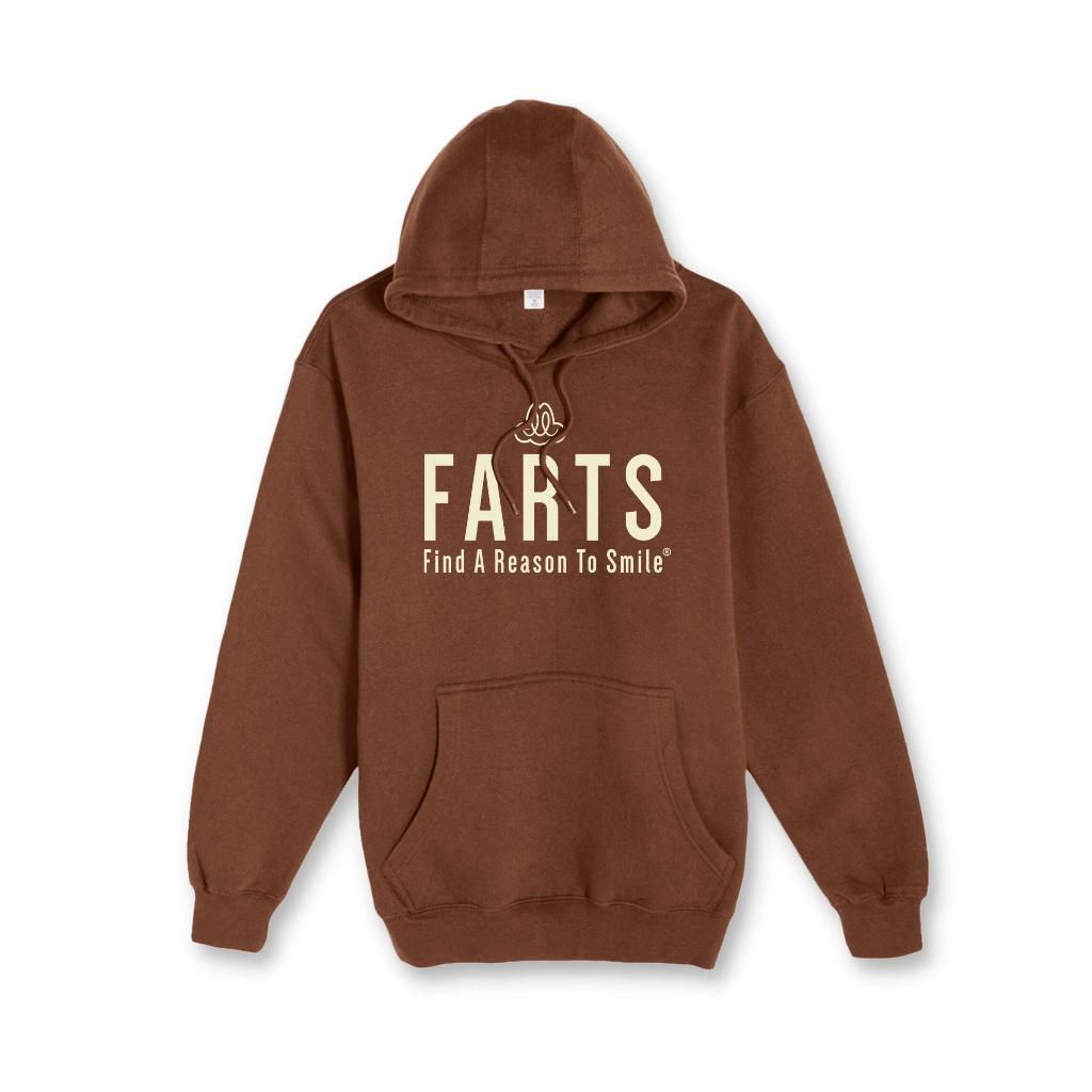 Brown hoodie with beige FARTS text, cozy gratitude hoodie for emotional clarity and spiritual healing