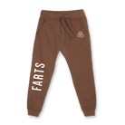 Brown FARTS joggers with grounded message, soft cotton blend designed for relaxed purpose