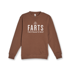 Brown unisex FARTS crewneck sweatshirt with healing message, laid flat with soft fleece interior visible