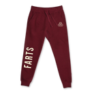 FARTS joggers in burgundy and beige with motivational message, soft unisex fit combining warmth and calm for grounded everyday wear