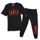 Black FARTS tee and joggers combo with orange design , comfortable healing loungewear