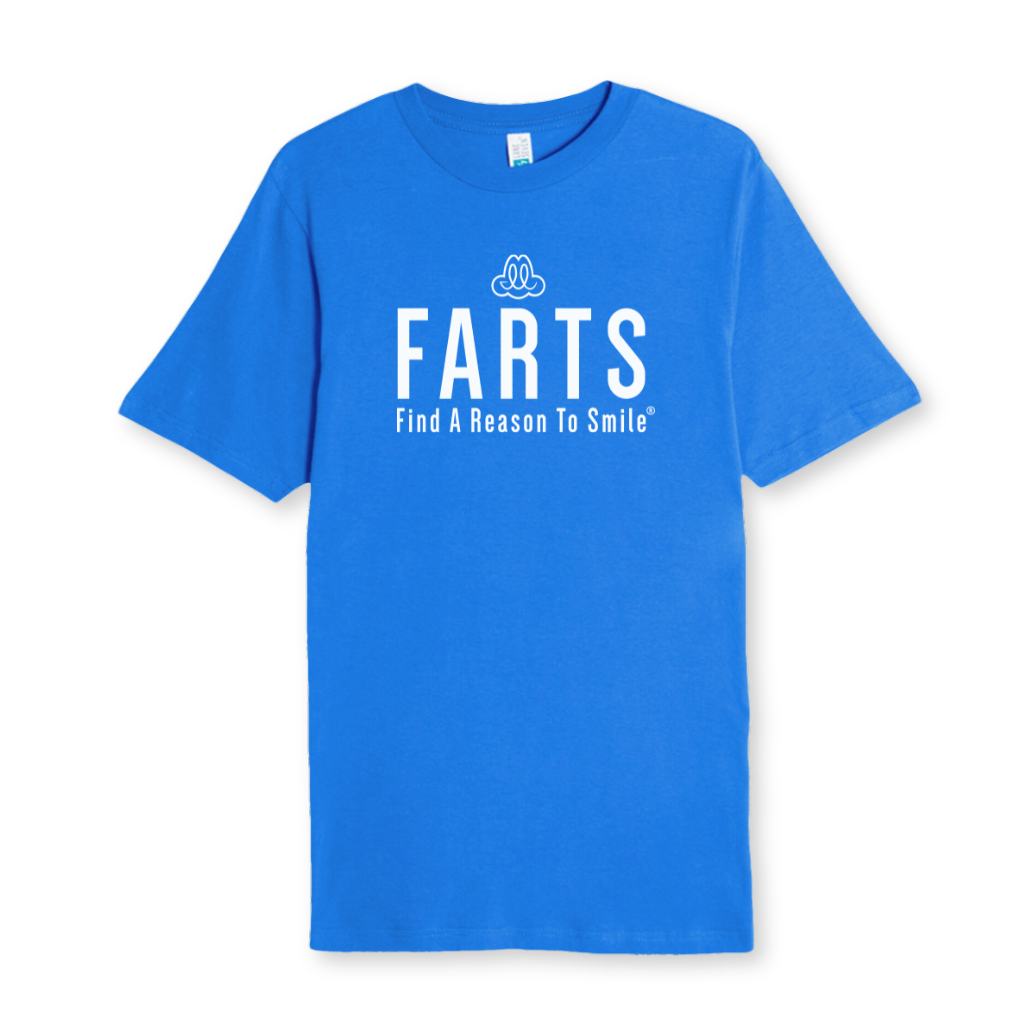 Royal blue FARTS t-shirt with crisp white text promoting strength, mental health, and inspirational connection, front view