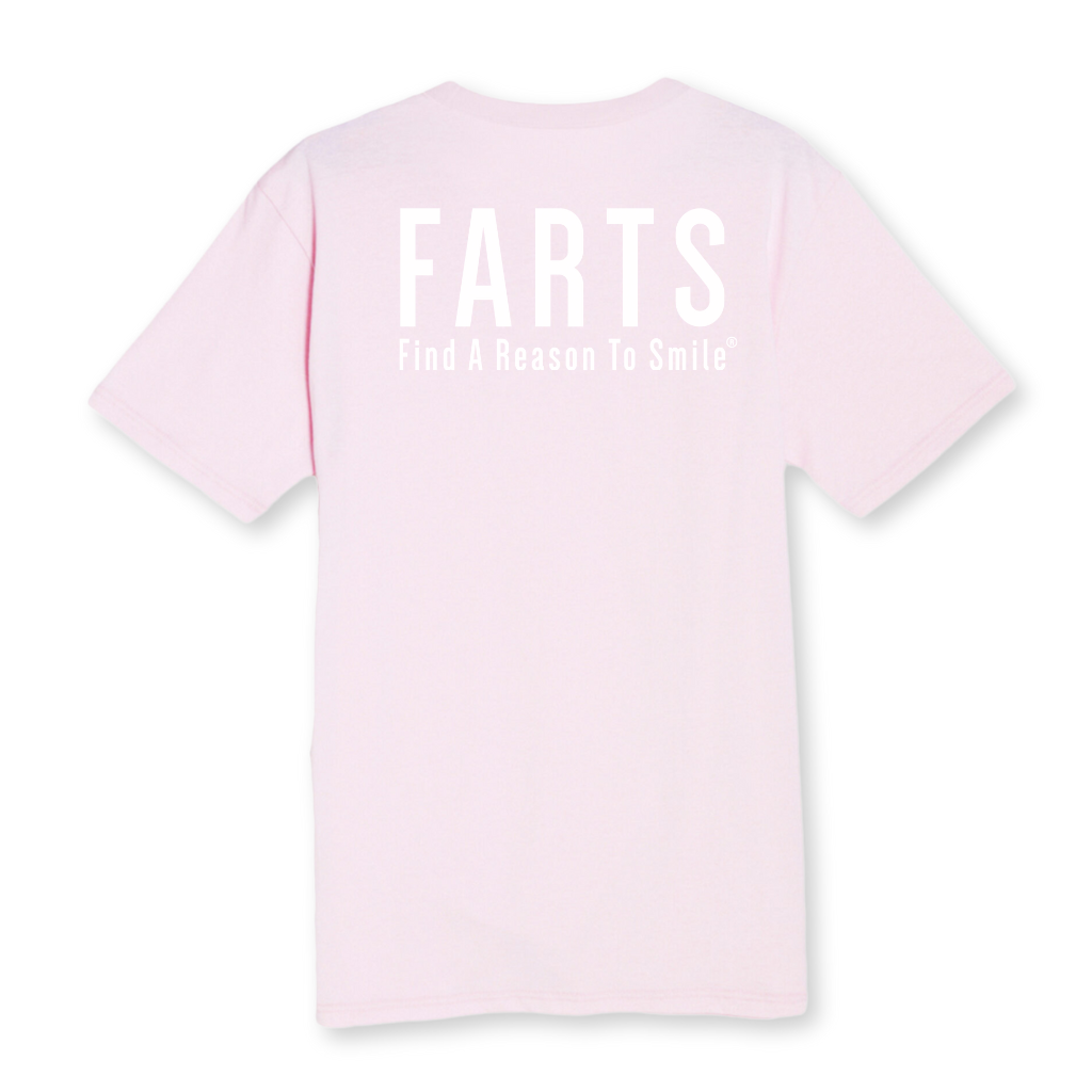 Front of pale pink FARTS t-shirt with white text design that promotes healing and gratitude back