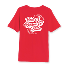 Back view of red FARTS Find A Reason To Smile motivational t-shirt with full inspirational graphic print