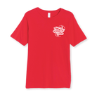 Front view of red FARTS Find A Reason To Smile motivational t-shirt with pocket-sized positive message design