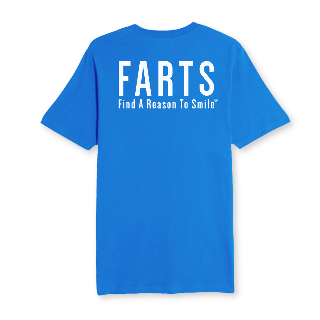 Royal blue FARTS t-shirt with crisp white text promoting strength, mental health, and inspirational connection, back view