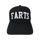 Front view of black and white SnapBack hat with large FARTS embroidery