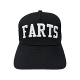 Front view of black and white SnapBack hat with large FARTS embroidery